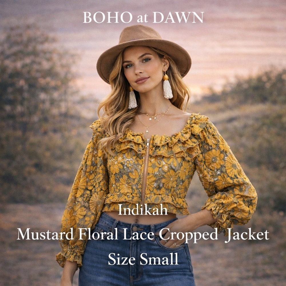 Indikah Mustard Floral Lace Cropped Jacket | Ruffled Boho Layer | Size S